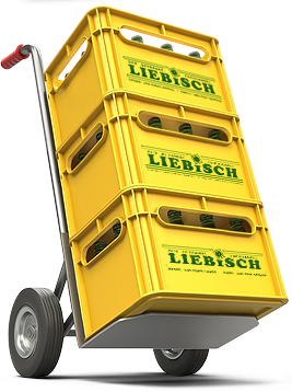 Gestapelte Liebisch-Getränkekästen auf einer Sackkarre